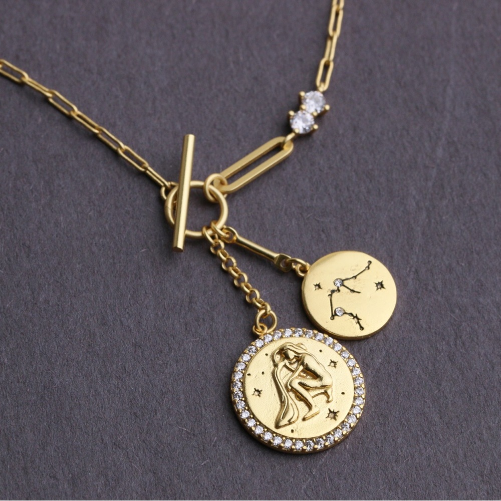 TAI Double Coin Pendant Zodiac And Constellation Necklace - Aquarius